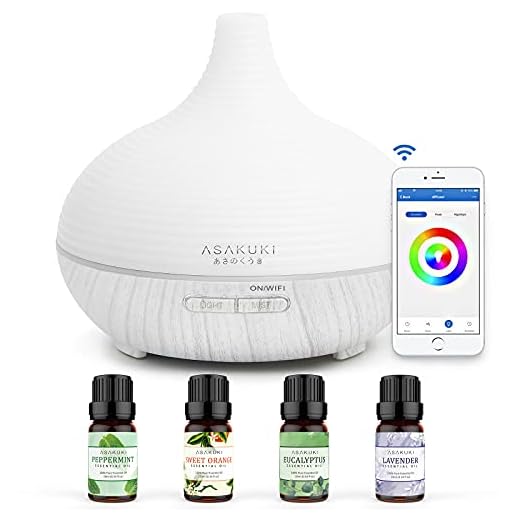ASAKUKI Smart WiFi Essential Oil Diffuser with Essential Oils, 300ml Aromatherapy Diffuser with 7 LED Lights, Includes Top 4 Pure Natural Essential Oils-Lavender, Eucalyptus, Peppermint, Sweet Orange