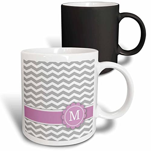 3dRose Letter M grey white chevron pink zigzags 11oz Magic Transforming Mug