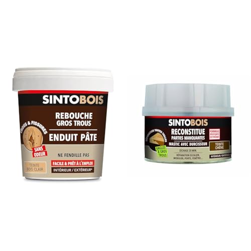 Sinto Rebouche Bois Clair 1kg et Reconstitue Bois Chêne 170ml pour réparer et boucher les trous