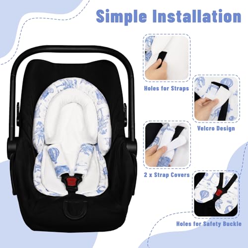 Image of Baby Car Seat Head Support with Extra Headrest, 2-in-1 Babybody Supports with Shoulder Pads Set for Newborn, Adjustable Infant Car Seat Insert Compatible with Stroller, Baby Swing (Blue Animal)