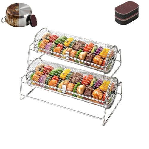 Rolling Grill Basket with 2 Pack Cleaning Sponges, 304 Food Grade Mesh Rolling Basket, Even Cooking for Vegetables Shrimp Seafood, Outdoor Camping Grill Accessories (2)