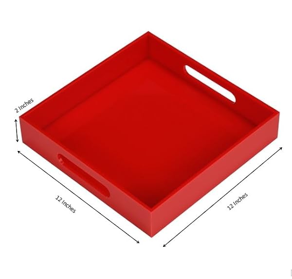Sturdy Red Acrylic Serving Tray with Handles - 12x12 Inch - Coffee & Appetizer Platter - Kitchen Counter & Vanity Organizer by KEVLANG - Used condition - Image 2