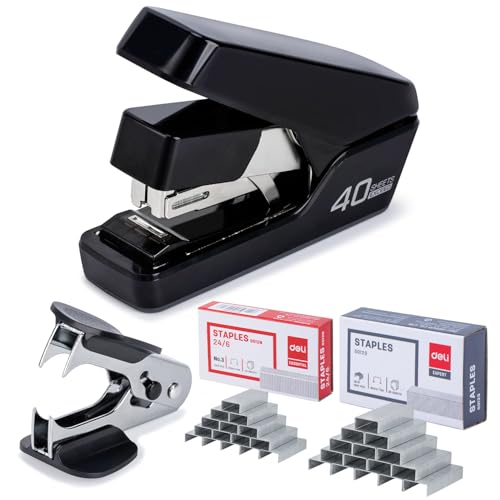 Deli Effortless Desktop Stapler, Heavy Duty Stapler, 40-50 Sheet Capacity, One Finger, No Effort, includes Staples & Staple Remover, Black