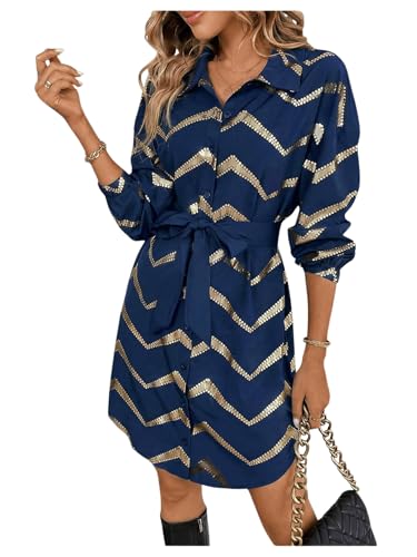 SweatyRocks Womens Metallic Gold Long Sleeve Dresses Collar Shirtdress Casino Night Party Outfit Blue Large