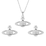 DEYOUM Saturn Planet Earrings Necklace Set for Women Trendy Aesthetic Rhinestone Cubic Zircon Space Saturn Planet Pendant Earrings Necklace Party Holiday Wedding Jewelry Gift Set (silver)