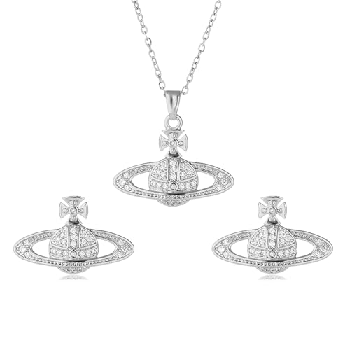 DEYOUM Saturn Planet Earrings Necklace Set for Women Trendy Aesthetic Rhinestone Cubic Zircon Space Saturn Planet Pendant Earrings Necklace Party Holiday Wedding Jewelry Gift Set (silver)