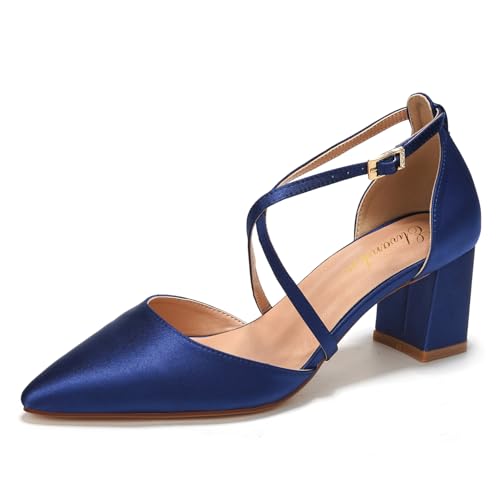 Elivandon J1586 pour Femme Satin Pointe Effilée Talon Moyen Soirée Sandales 6cm Carré Talon Nuptiale Fête Mariage Escarpins avec Longue Bride Couleur Bleu Foncé,Taille 39 EU (5.5 UK)