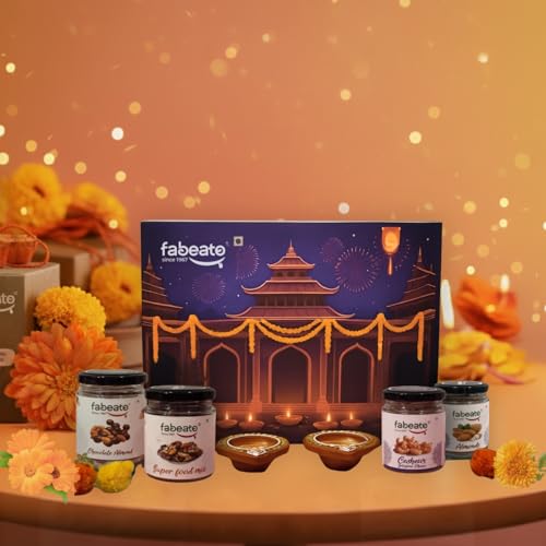 Image of Fabeato Premium Special Variety of Flavoured Nuts Mixed Dry Fruits Diwali Festive Gift Box for 420g and with two Elegant Diyas| Perfect Diwali Gift for Loved ones| Corporate Gifts| All Occasion Gift Box Hamper