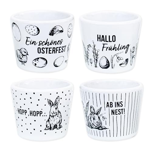 Papierdrachen - Set di 4 portauovo in porcellana – Primavera e Pasqua – con motivo interno – Decorazione pasquale – Bianco Nero – Portauovo