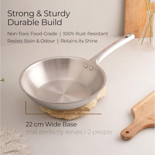 Image of Lifelong Tri Ply Fry Pan - 22 cm Stainless Steel Frying Pan with 1.25 Litre Capacity - Induction & Gas Compatible Cookware - Durable, Even Heating for Searing, Frying, and Sauteing (Silver)