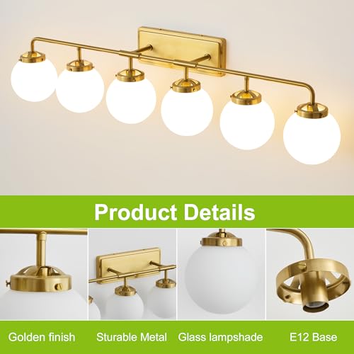 Image of Bathroom Light Fixtures 45.3in 6-Light Brushed Gold Vanity Light for Mirror | Bathroom Lighting Fixtures over Mirror, ETL, Brushed Brass Wall Sconce, Dimmable E12 Base Max 60W, Milky Glass Ball Shades