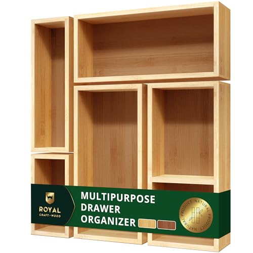 ROYAL CRAFT WOOD 5-Piece Bamboo Drawer Organizer Set – Multi-Use Storage Trays for Kitchen, Bathroom, Office, Makeup, Jewelry & More – Junk Drawer Tray, Utensil Holder, Storage Box & Bin Set (5 Boxes)