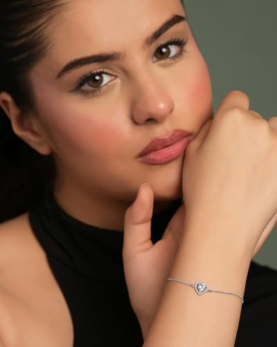Image of Clara 925 Sterling Silver Zilvia Heart Solitaire Pendant Earrings Chain Ring Bracelet Jewellery Set | Platinum Plated, Swiss Zirconia |Gift for Women and Girls