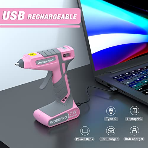 WORKPRO Pink Cordless Hot Melt Glue Gun, 7.2V Rechargeable Fast Preheating Glue Gun Kit with 20 Pc Premium Mini Glue Stick, Automatic-Power-Off Hot Glue Gun for Art, Craft, Decoration - Pink Ribbon by WORKPRO - Image 5