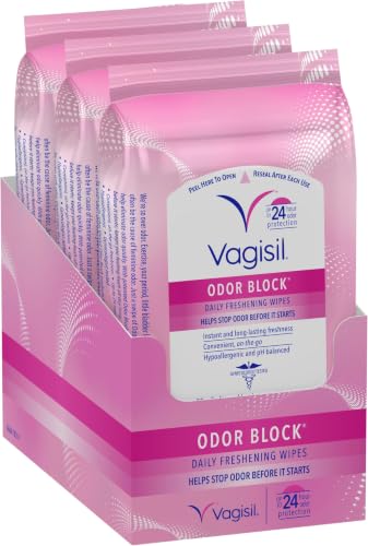 Image of Vagisil Odor Block Daily Freshening Wipes for Feminine Hygiene in Resealable Pouch, Gynecologist Tested & Hypoallergenic, 20 Wipes (Pack of 24)