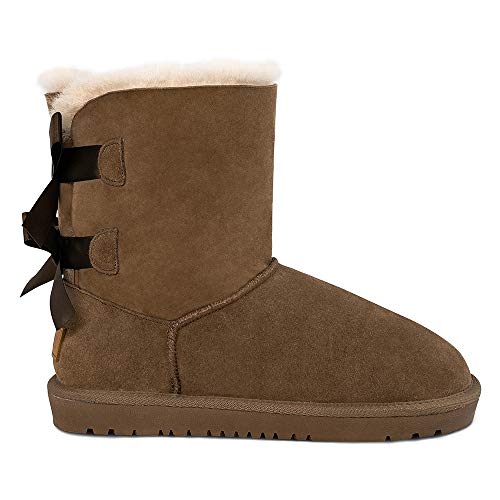 Tf Star Sheepskin Fur Lining Winter Warm Boots For Women & Ladies, Women's Mid Calf Leather Short Fashion Bow Snow Boots #TOP4