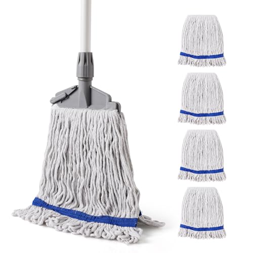 Eyliden Looped-End String Mop with 5 Reusable Heads, Adjustable Long Handle Cotton Mops for Floor Cleaning, Industrial Commercial Mop for All Surfaces, Hardwood Kitchen Bathroom Home School