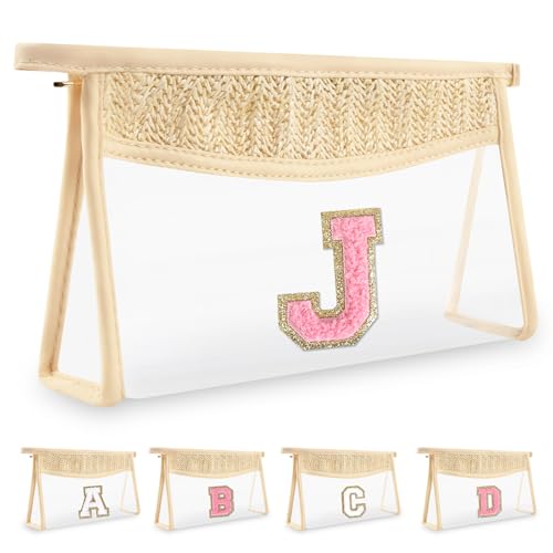 Small Boho Straw Initial Letter Makeup Bag Personalized Gift ,Cute Clear Chenille Patch Makeup Bag With Zipper,Trendy TSA Approved Travel Toiletry Bag,Gift for Women Girls Birthday Friend, Letter J