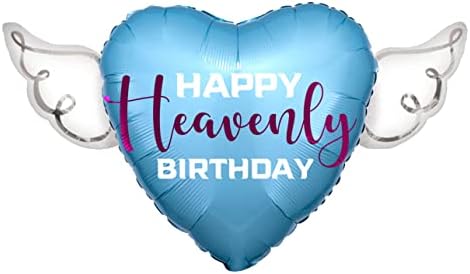 Happy Heavenly Birthday blue/purple heart shaped balloon with angel wings