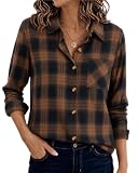 Zeagoo Women's Flannel Shirts Plaid Blouse Casual Button Up Top Brown Black | Loose fit Blouses, Classic Button Down, with Single Chest Pocket, 2026 Fashion Fall Outfit for Retro Solo or Layered