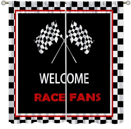 wlsgdsg Racing Theme Blackout Curtain,Checkered Flag Black White Race Car Window Curtains Cloth Farbic for Kitchen Bedroom Cafe Dining Room Office Living Room Drapes, 52x96 in