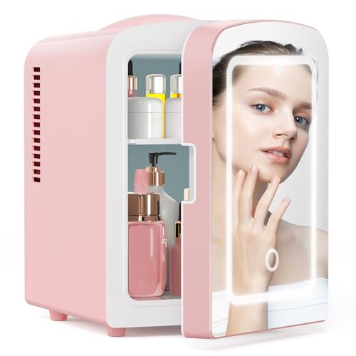 Image of Xbeauty Skincare Mini Fridge With Dimmable LED Mirror, 4L Mini Makeup Refrigerator for SkinCare, Cosmetics, Food & Drinks, Portable Small Refrigerator for Bedroom, Dorm, Car, Office, Pink