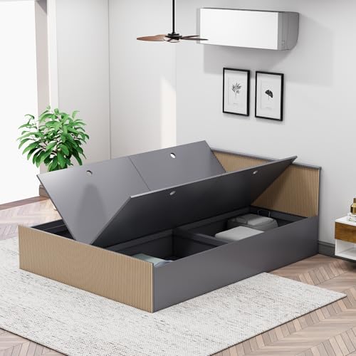Image of Bniture Modern Queen Size Bed with Storage Box | Engineered Wood Bed 3D Textured Panels | Dual Tone Cupboard for Bedroom | Wooden Bed Queen Beds Storage (Grey & Giant Wood, Queen)