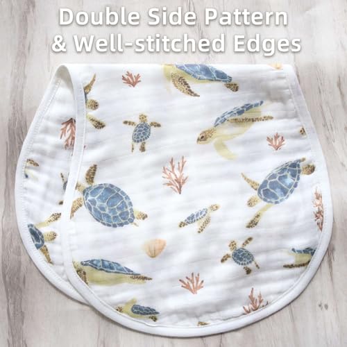 Image of LifeTree Muslin Baby Burp Cloths - 2 Pack 70% Viscose from Bamboo and 30% Cotton Large 22'' by 10.6'' Absorbent Milk Spit Up Rags - Burping Cloths for Newborn, Girls Boys, Sea Turtle & Solid Blue
