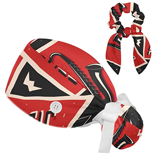 Music Sax Jazz Instrument Red Grey Surgical Cap With Buttons/Bow Hair Scrunchy For Long Hair #TOP11