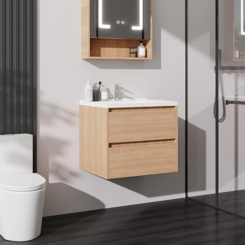 Yishang 24 inch Walnut Wall Mounted Floating Bathroom Vanity with Sink | Modern Bathroom Vanity with Ceramic Basin, with 2 Drawers, Bathroom Storage Cabinet with Sink Combo Set for Small Space
