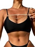 SOLY HUX Women's Bikini Top V Neck Spaghetti Strap Pearls Chain Swimsuit Bathing Suit Tops Solid Black Medium