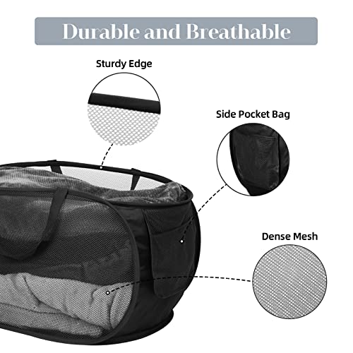 Image of Durable Collapsible Laundry Baskets, Mesh Pop Up Laundry Hamper with Side Pocket, Foldable Clothes Hamper with Reinforced Carry Handles for Laundry, Bathroom, Kids Room, Dorm or Travel 2 Pack Black