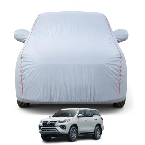 Image of Premium Car Cover for Toyota Fortuner with Fender Mirror Model | Waterproof, UV & Dust Protection | Mirror & Antenna Pocket | Triple Stitched, Soft Inner Lining, Belt & Buckle (Dark Grey)
