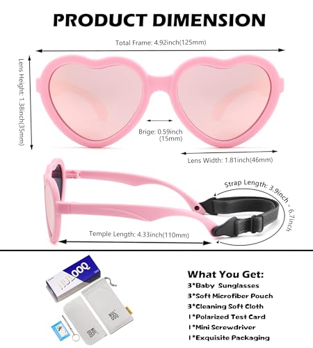 NULOOQ Kids Heart Sunglasses for Girls – Cute Polarized Flexible Frame Toddler Sunglasses with Strap Age 2-83