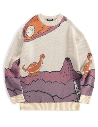 Vamtac Mens Vintage Oversize Graphic Cartoon Little Dinosaur Sweater Long Sleeve Round Neck Knitted Unisex Pullover Jumper
