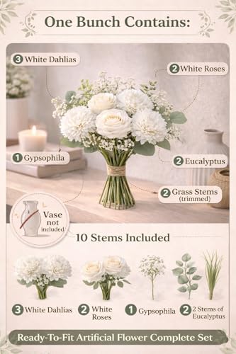 Image of Divyakosh Artificial White Flower Bouquet with Roses & Chrysanthemums, Pooja Room Decoration Items & Craft Interior Props (Vase Not Included)