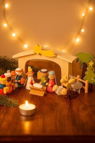 Weihnachtskrippe - Holz handbemalt - 18 Teile - mit Weihnachtsbaum – Krippenspiel für Kinder – farbenfrohe Deko & Geschenkidee - Stall mit Stern, Heilige Drei Könige, Maria & Josef, Ochs & Esel