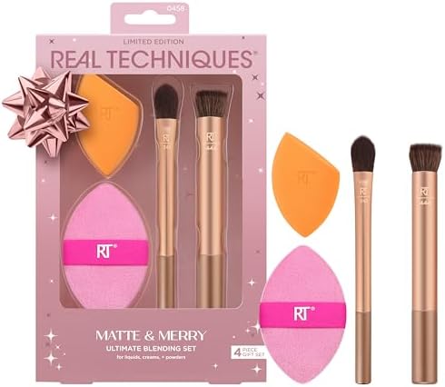 Real Techniques Matte & Merry Ultimate Blending 4 Piece Holiday Gift Set, Foundation Makeup Sponge, Dual-Sided Powder Puff, & 2 Makeup Brushes, Kitten Paw Brush, Stocking Stuffer, Limited Edition