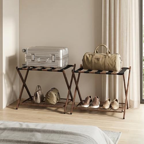 Smuxee Fully Assembled Walnut Grain Luggage Rack set of 2, Foldable Iron Suitcase Stand with 5 Nylon Straps, Luggage Holder with Shelf for Guest Room Bedroom Hotel by Smuxee - Used condition - Image 9