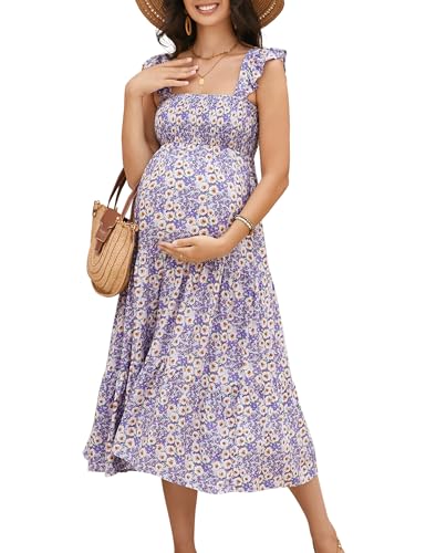 Image of KOJOOIN Womens Maternity Dress Summer Sleeveless Smocked Square Neck Ruffle Casual Boho Midi Dress Baby Shower Photoshoot