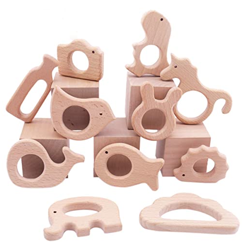 Image of Promise Babe Wooden Baby Toys 11pc Bird Elephant Wood Montessori Toys Organic Infant Handmade Pendant Rings Set Shower GIFT