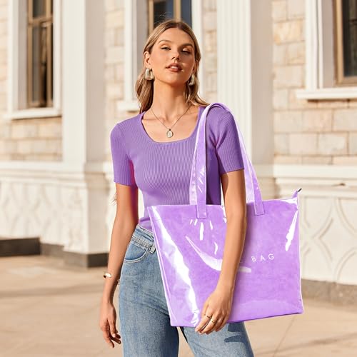Image of KALIDI PVC Zipper Tote Bag, Jelly Kraft Paper Beach Bag Large Hobo Carry All Travel Shopping Handbag Plastic Shoulder Bag