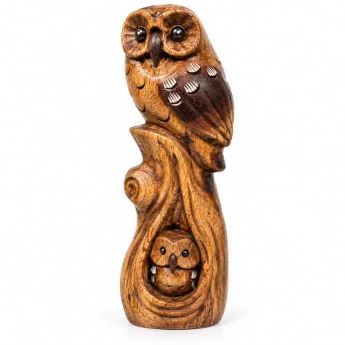 MMTONGZH Hand Carved Wooden Owl Statue, Parent and Baby Sculpture, 9.5 Inch