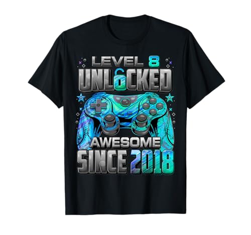 Level 8 Unlocked Awesome Since 2018 8th Birthday Gaming T-Shirt