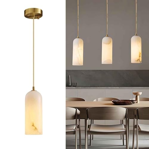 Modern Alabaster Pendant Light – Antique Brass Ceiling Hanging Lamp, Kitchen Island Pendant Lighting Over Island, Mid-Century Modern Natural Stone Chandelier for Dining Room (A,17 * 11CM)