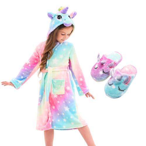 Piefry Unicorn Dressing Gown for Girls - Soft Hooded Robe Sleepwear With Slippers Gifts for Girls (Pinkish 4-5 Years)