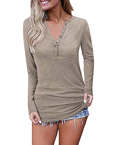 OUGES Womens Long Sleeve V-Neck Button Causal Tops Blouse T Shirt(Coffee,XL)