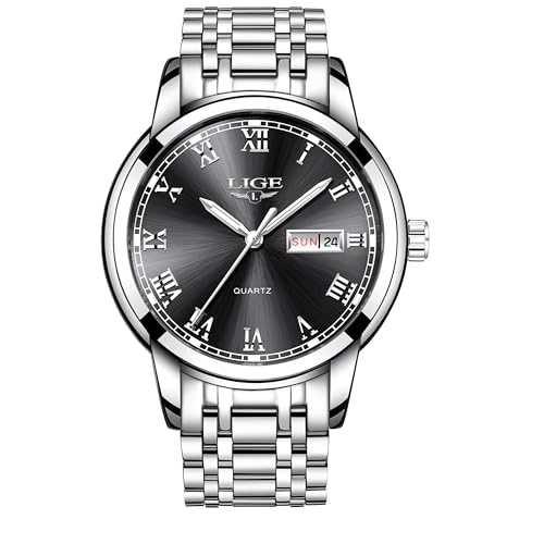 Imagen de LIGE Reloj Hombre Cuarzo Acero Inoxidable Resistente Luminoso Negro Plateado