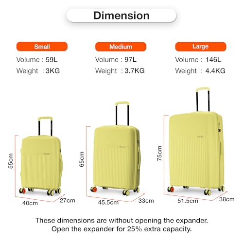 Image of Nasher Miles Krabi Expander Hard-Sided Polypropylene Luggage Set of 3 | 55cm, 65cm & 75cm | 8 Wheels Small, Medium & Large Trolley Bag for Travel | Suitcase (Yellow)