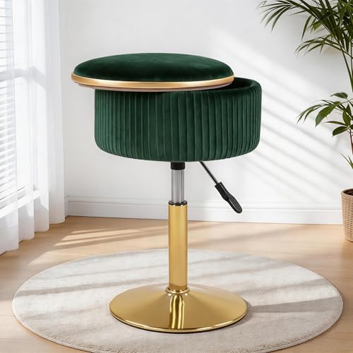 Velvet Vanity Stool for Makeup Room, Round Storage Ottoman Height Adjustable Gold Vanity Chair, 360 Swivel Footrest for Living Room Bedroom, Dark Green